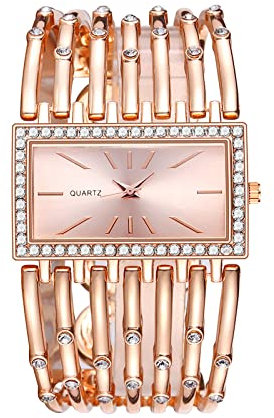 Trendy Rhinestone Ladies Steel Bracelet Watch Fashion Europe And The United States Style Quartz Square Female Watch Stretch Watch (Rose Gold, One Size)