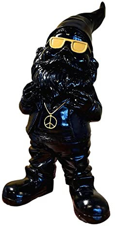 SEWAS Gartenzwerg mit Peace Kette, Schwarz-Gold Edition, Schöne Dekofigur, handbemalt und wetterfest aus hochwertigem Kunstharz