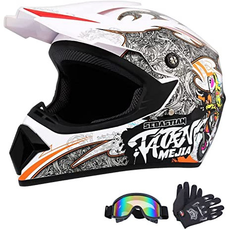 Senhill Motorradhelm Motocross-Helm Dirt Bike Helme Off-Road-Helm mit Handschuhen Schutzbrille für Unisex Jugend Erwachsene (Weiß, L)