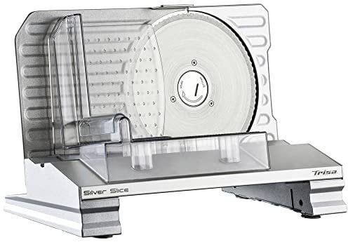 Trisa Silver Slice Allesschneider Elektrisch – Aluminiumguss, 150W Induktionsmotor, Edelstahl-Wellenschliffmesser 190mm, Schnittbreite 1–20mm, abnehmbarer Schlitten, rutschfeste Gummifüße