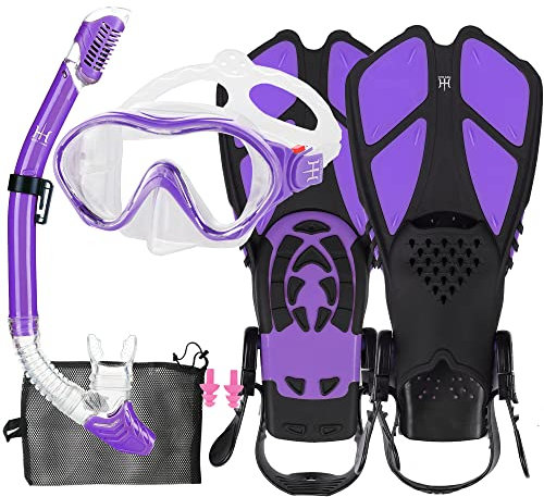 HH HHAO SPORT Schnorchelset Kinder mit Flossen, 180° Anti-Fog Panorama Weitblick Taucherbrille Kinder, Verstellbaren Schwimmflossen, Hochwertige Tauchermaske und Dry Top Schnorchel für Schwimmen
