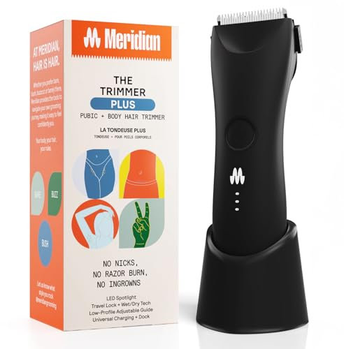 MERIDIAN The Trimmer Plus Tondeuse électrique étanche pour homme et femme pour poils pubiens, poitrine, jambes et maillot, câble UBS-C et station de charge inclus, onyx