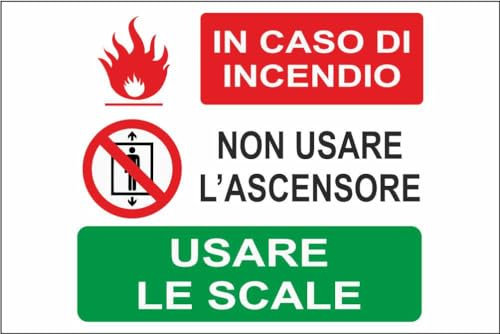 M-ITALY CARTELLO SEGNALETICO - IN CASO DI INCENDIO NON USARE L'ASCENSORE - Adesivo Extra Resistente, Pannello in Forex, Pannello In Alluminio (15x10, Adesivo)