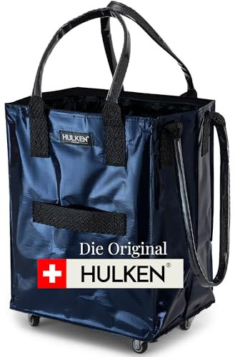 HULKEN - (Medium, dunkelblau) Wiederverwendbare Einkaufstasche auf Rädern. Der Einkaufswagen trägt bis zu 30kg. Der klappbare Einkaufstrolley hat robuste Griffe und Reißverschluss.