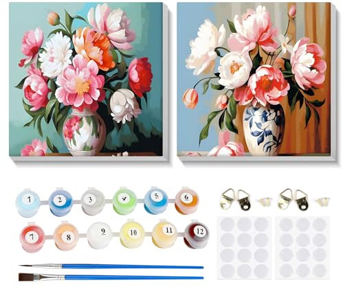 MOGTAA Framed Paint by Number for Adults Kids 2 Pack, Flowers in Vase Paint by Numbers for Beginners, Acrylic Paint by Number Kits On Canvas, DIY Oil Painting by Number Kits for Home Decor (8x8inch)