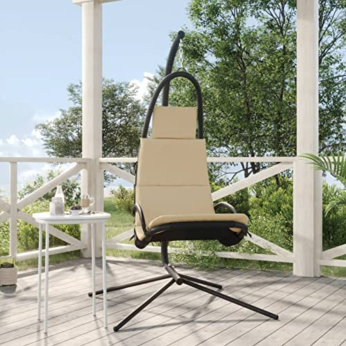 ShCuShan Garten-Hängestuhl mit Kissen Creme Oxford-Gewebe und Stahl HäNgesessel Outdoor Wetterfest Korb HäNgesessel