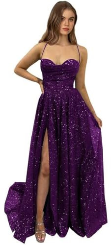 Stillluxury Abito da sera scintillante da donna con glitter lungo PM24, a-viola, 52