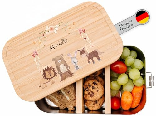 wunderwunsch Brotdose personalisiert mit Namen, Edelstahl Lunchbox | Kindergarten Brotzeitbox für Kinder mit Fächern, Metallbrotdose BPA frei, gravierte Kinder Holz Lunch-Box, Mädchen oder Junge