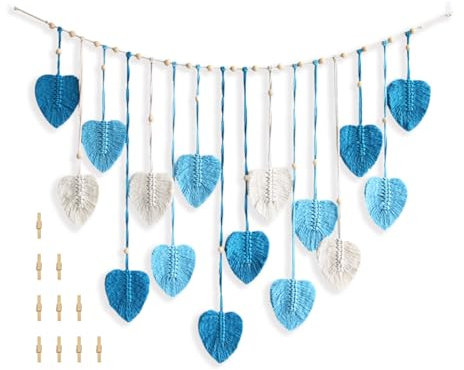 Makramee wandbehang,Boho makramee wandteppich,Mit 10 Holzklammer,Wohnzimmer,Schlafzimmer,Büro,WandDekoration(120x75cm) (Blau)
