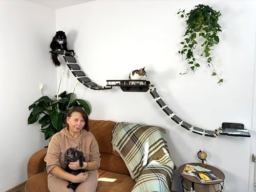 RshPets® Kletterwand Katzen Set - 285 cm Katzenbrücke XXL - Katzenbett - Hängematte für Katze - Katzen Wandelemente - Katzentreppe Wand - Katzenleiter - Wandmontierte Katzenmöbel (Dunkle Farbe)