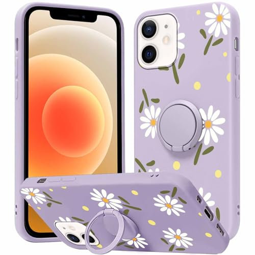 Yoedge Phone case for iPhone 12/iPhone 12 Pro 6.1 inch, 360°Magnetic Ring Holder Kickstand Soft Silicone TPU Shockproof Anti-Scratch Protective Resistant Fashion Purple Flower Aesthetics Pattern