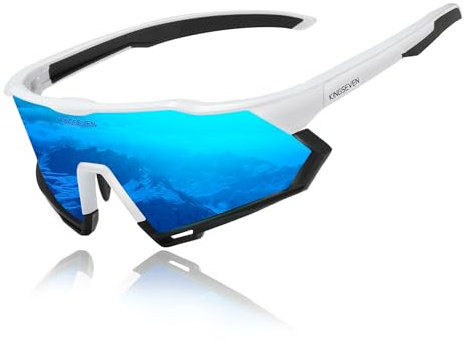 KINGSEVEN Radsportbrillen Polarisierte Sonnenbrille Herren MTB Fahrradbrille Radbrille Sportbrille mit UV400-Schutz zum Autofahren Radfahren (White Black Frame Black Temple-Ice Blue Lens)