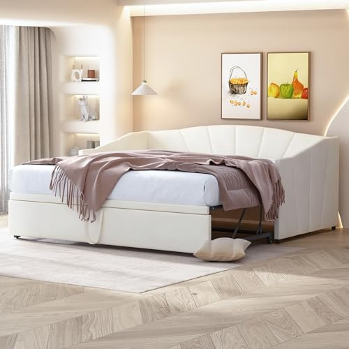 Idemon Sofá Cama Extensible 90/180 x 200 cm Con Somier - Multifunción en Tela de Terciopelo Beige Agradable a la Piel
