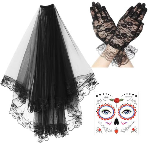 Epokus Schwarz Halloween Schleier, Dia De Los Muertos Brautschleier, Tag Der Toten Witwenschleier mit Spitzenhandschuhe Gesicht Tattoos, Kopfschmuck für Halloween karneval Fasching Maskerade Cosplay
