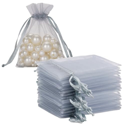 G2PLUS Silbergrau Organzasäckchen, 10x12cm Geschenk Organzabeutel, 50 Stück Organza-Beutelchen mit Kordelzug Sie als Hochzeit Bonbonsbeutel, Schmuckbeutel, Geschenkbeutel
