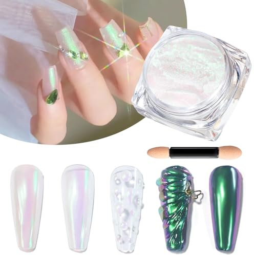 Weiß Perle Chrome Nail Powder BISHENGYF - 1g Superglänzend Green Aurora Chromfarbener Nagelpuder, Neon Glassy Metal Meerjungfra Cromepulver Nägel Glitzerpuder Miror Glazed Pigment DIY Nagelkunst Deko