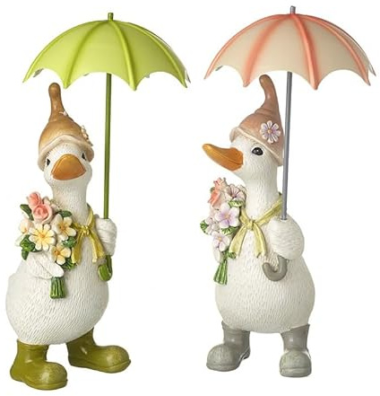 B4E Set of 2 White Duck Figurines with Umbrellas and Flowers | 20cm, Garden Ornament | Garden Decoration