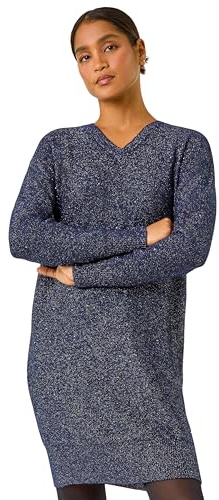 Roman Originals Knitted Jumper Dress for Women UK Ladies Knit Knitwear Autumn Winter Casual Smart Pull On Work Long Sleeves Slouch Relaxed Flattering Over Knee Length V Neck - Navy - Size 16