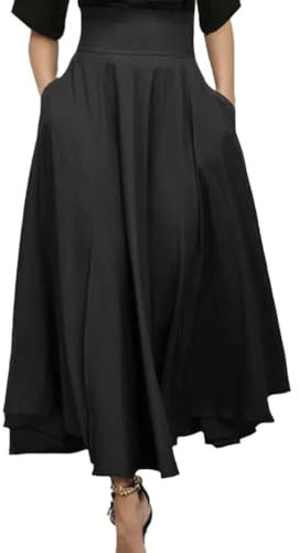 EMOTTOS Damen Rock Lang, Schleife Taille Knoten Rüschenrock High Waist Langer Rock, Hohe Qualität Lässig Zwei Seitentaschen A Linien Fließender Rock mit Taschen, XL, Schwarz