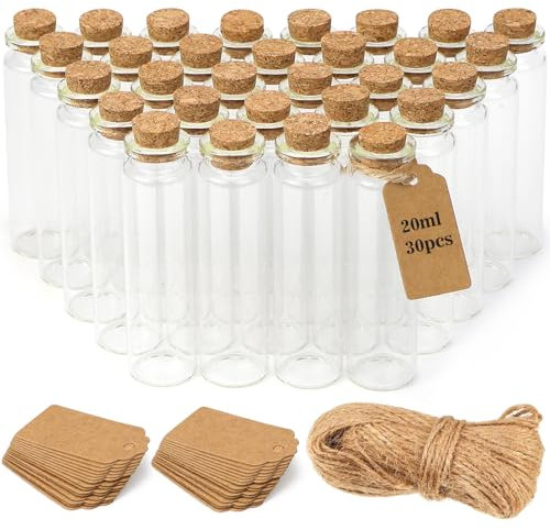 beihuazi Mini Glasflaschen mit Korken 30 Stück Reagenzglas mit Korken Glas, Glasfläschchen Kleine Flaschen zum Befüllen mit Hängeetiketten Zwirn für DIY, Hochzeitsdeko, Vorratsglas usw