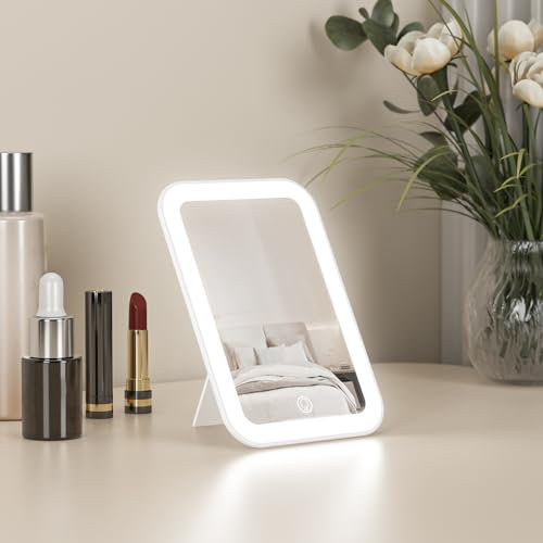 Kintion 15,5 x 10,7 cm Spiegel mit Beleuchtung, LED Tragbarer Tischspiegel, Dimmbare 3 Farbmodi, Wiederaufladbarer Schreibtisch-Kosmetikspiegel für Handtasche, Geschenke für Mädchen, Weiß