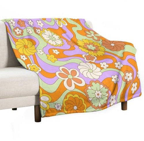 Yaxinduobao 70er Jahre süße Retro-Blumendecke, 60er-Jahre-Stil, Vintage, Boho, buntes Blumenmuster, superweiche Flanell-Überwurfdecke für Bett, Sofa, Couch, Schlafzimmer, Zuhause, 76,2 x 101,6 cm