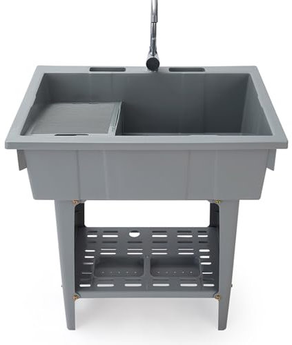 Fregadero de lavandería de plástico independiente con tablero de lavar - 80*56*81cm Tina de fregadero de utilidad con grifo frío, kit de drenaje y mangueras para uso interior/exterior en lavandería,