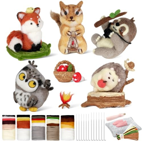 iptek Needle Felting Kit, 5 PCS Animal Needle Felting Beginner Kits, Craft Kits for Adults UK,Wool Felt Needle Felting Tools Foam Pad, Craft Party Supplies for Beginners Adult(Forest Animals)