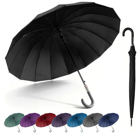 SHANN Paragua Largo Clasico Grande Automatico Resistente al Viente, Impermeable, Mango Curvo, Grande y Elegante para Hombre y Mujer