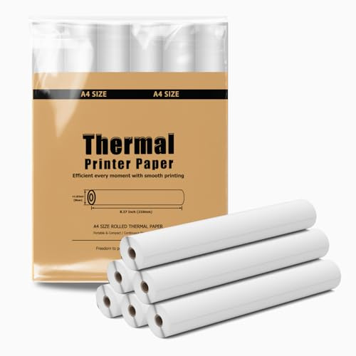 6 Rollen A4 Thermopapier für tragbaren drucker, BPA-freies | 210 mm x 8 m lang, 26 Blatt/Rolle, Kompatibel mit ITP01/04, M832/834, für Reise & Homeoffice, Verträge, Fotos