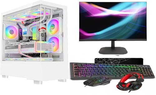 ASC Gaming PC Bundle: AMD Ryzen 5 5500, 16GB RAM, 1TB SSD NVME, GT730 4GB Graphics, Windows 11, 22 Monitor, White RGB 9 Fan Glass Gaming Case.