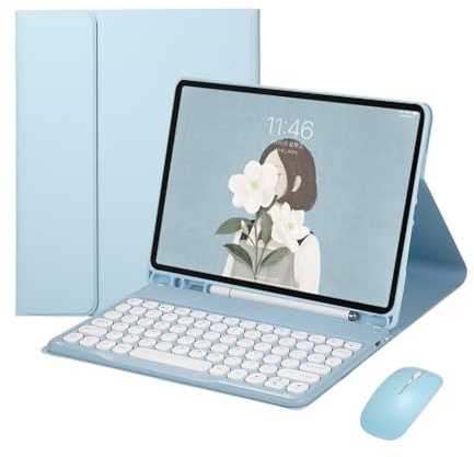 YSJX Abnehmbare Tastatur mit runden Tasten, PU+TPU-Leder-Standhülle, kompatibel mit iPad Pro 13 Zoll 2024(Sky Blue+Keyboard+Mouse)