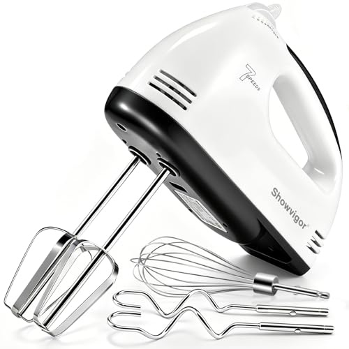 Sbattitore Elettrico 300W, 7 Velocità Design Ergonomico | Fruste Elettriche con 5 Accessori in Acciaio Inox, Parti Lavabili in Lavastoviglie, Ideale per Dolci e Cucina, Bianco
