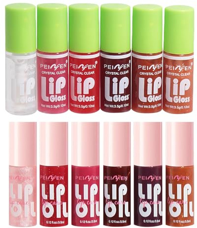 12 Pcs Lippenöl Lip Oil Set Lippen Öl Lipoil Lippenpflege Liptint Lipgloss Set Silky Smooth Texture Without Stickiness Long-Lasting Shine Minimizes Lip Lines Hydrates All Day