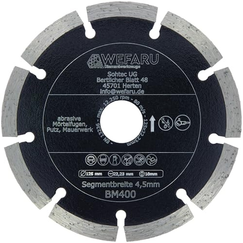 WEFARU Diamant Fugenfräser Ø 125 mm, 4,5 mm Fräsbreite – Mörtelfräser Beton Mauerwerk Putz Estrich – Fugenfräse Winkelschleifer 22,23 mm