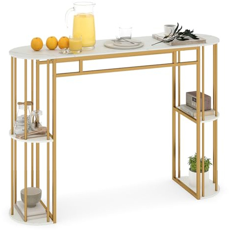 COSTWAY Mesa Alta de Cocina, Mesa Alta de Bar Rectangular con Estantes de Almacenamiento, Estructura Metálica, Encimera Efecto Mármol, Barra Estrecha para Cocina, Bar, 150x40x105 cm (Dorado y Blanco)