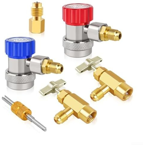 R134a Ventilkernentfernungswerkzeug und AC-Schnellkupplungs-Adapter-Set, Messing Hochdruck-Armaturen mit Selbstdichtung und Durchstichstil, kann Wasserhahn für die Reparatur von Kfz-Klimaanlagen
