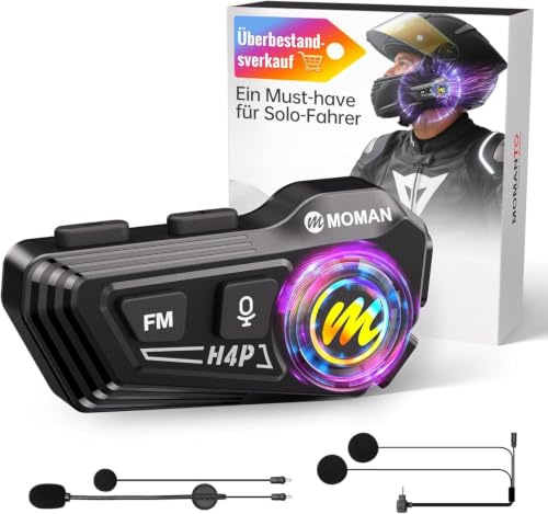 Moman H4P - Cuffie intercom per casco moto, BT5.1, con altoparlanti Hi-Fi, doppia riduzione del rumore, RGB/FM/vivavoce, controllo vocale AI, per guidatori singoli (nero-H4P)