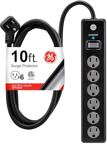 GE 6-Outlet Surge Protector, 10 Ft Extension Cord, Power Strip, 800 Joules, Twist-to-Close Safety Covers, Protected Indicator Light, ETL Listed, Black, 37442