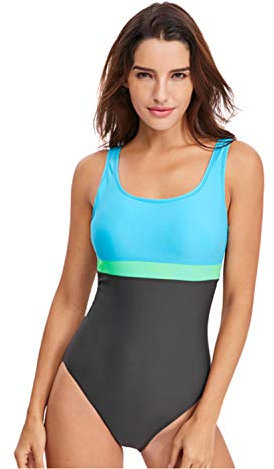 Womens One Piece Swimsuit Tummy Control Swimming Costume Slimming Monokini Push Up Swimwear Splicing Striped Sports Scoopback Bathing Suit with Removable Foam Cups Athletic Padded Swimsuits