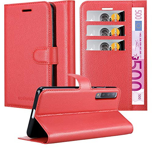 Cadorabo Hülle kompatibel mit Samsung Galaxy A7 2018 Handyhülle aus Kunst Leder Flip Klappbare Stoßfeste Magnetische [Standfunktion] [Kartenfächern] Cover Hülle für Galaxy A7 2018 Tasche in Rot