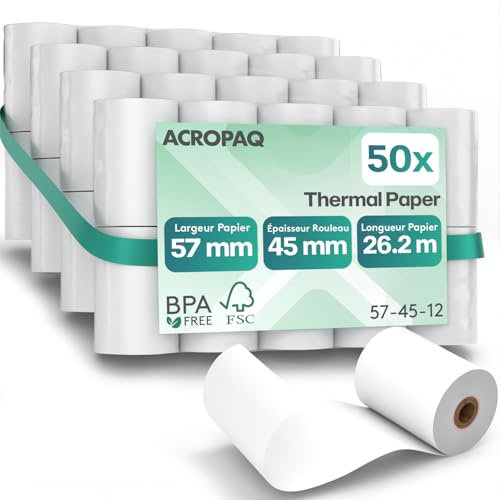 ACROPAQ - 50 x Rouleau carte bancaire - 57 mm x 45 mm x 26,2 m, Rouleaux de papier thermique de qualité supérieure, Sans BPA, Pour les terminaux de paiement mobiles - Papier tpe, Rouleaux CB thermique
