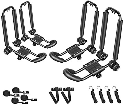 DRSPORTS Zwei Paar Universal Faltbare J-Bar Kajak Rack Klappbar Auto Dachträger für Kanu, SUP, Kajaks, Surfboard und Skiboard Dachhalterung auf SUV, Auto und LKW