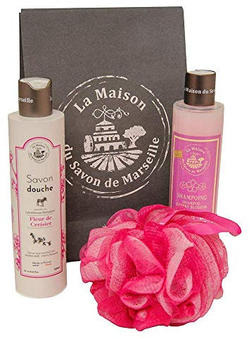 Savon de Marseille - French Body Gift Set for Women - Organic Cherry Blossom Shower Gel, Cherry Blossom Shampoo, Exfoliating Pink Shower Sponge - Suitable for All Skin Types
