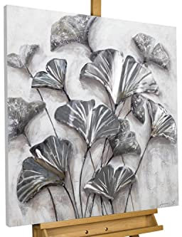KunstLoft Tableau peinture moderne | 100% PEINT À LA MAIN | 80x80cm | Peinture sur toile 'Elegant Leaves' | Plantes et feuilles | Gris Blanc | Deco murale salon