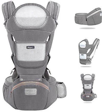 YIKANWEN Marsupio Neonato 0-36 mesi [Scopri di Più Sull'utilizzo] Marsupio Bambini Ergonomico a 25kg, Fascia Neonato con Sedile Multiposizione, Poggia Testa e Cappuccio, Cotone Traspirante, Gririo