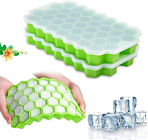 Bandejas para cubitos de hielo con tapas, paquete de 2 74 cubitos de hielo, gel de sílice flexible y sin BPA, moldes para cubitos de hielo para bebidas heladas, whisky y cócteles