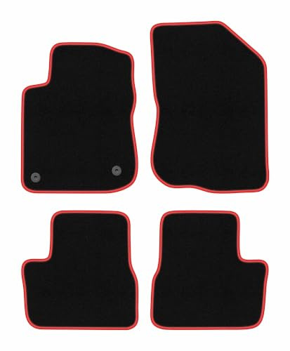 Velours-Fußmatten passend für Peugeot 208 I 2012-2019, Schwarz-Rot, CARLUX | passend für Schrägheck; Velours-Teppich (Polypropylen), ca. 6,5 mm; rutschfest, runde Befestigungen (Typ CP2)