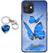 Staremeplz iPhone 12 Mini Case With Blue Butterfly Design [With Crystal Glass Keychain], Soft Silicone TPU Art Protective Phone Case for iPhone 12 Mini