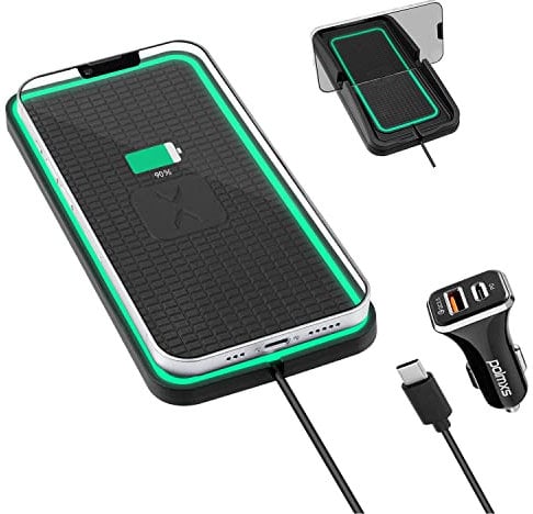 2 en 1 Chargeur de Voiture sans Fil, Polmxs 15W Support de Téléphone de Voiture Pad Chargeur sans Fil avec Tapis Antidérapant avec Chargeur de Voiture 36W pour iPhone 14/13/12/11, Samsung S22/21/S20